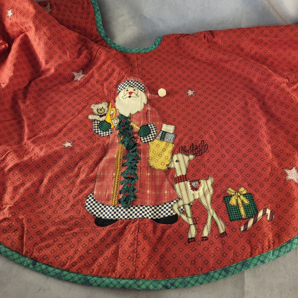 Vintage Christmas Tree Skirt Red Santa Holly 42" Diameter Primitive